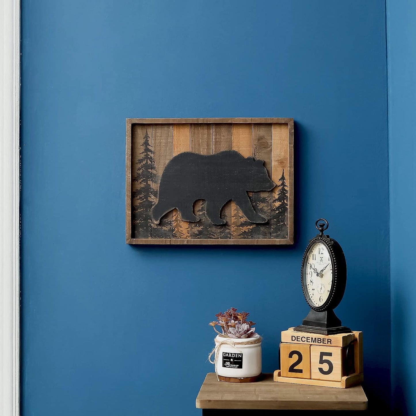 NIKKY HOME Cabin Wall Decor, 3D Bear Wood Forest Mountain Woodland Wildlife Lodge Animal Picture Art Bathroom Decor, 16 x 12 Inches