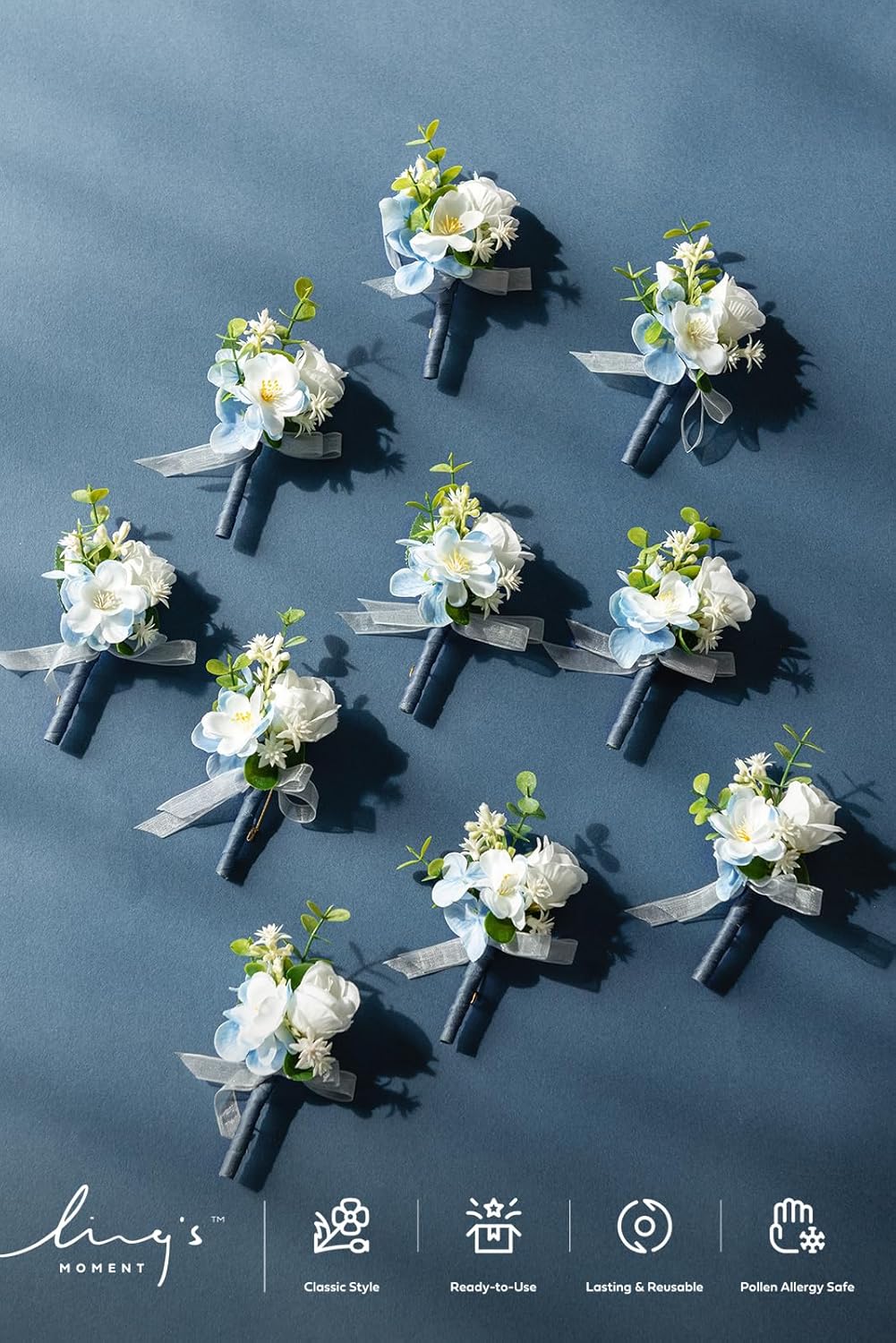 Ling's Moment Boutonniere for Men, 10pcs Groomsmen Guest Boutonniere, Artificial Flowers for Wedding Décor/Prom/Homecoming,etc.Blue