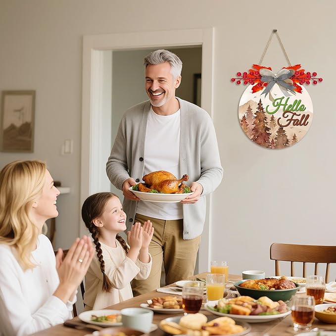 3D Hello Fall Door Sign,Fall Wreath for Front Door,Welcome Autumn Porch Sign,Thanksgiving Day Harvest Wall Decoration,Autumn Forest Maple Leaves Wood Decor for Home Farmhouse Yard Outdoor