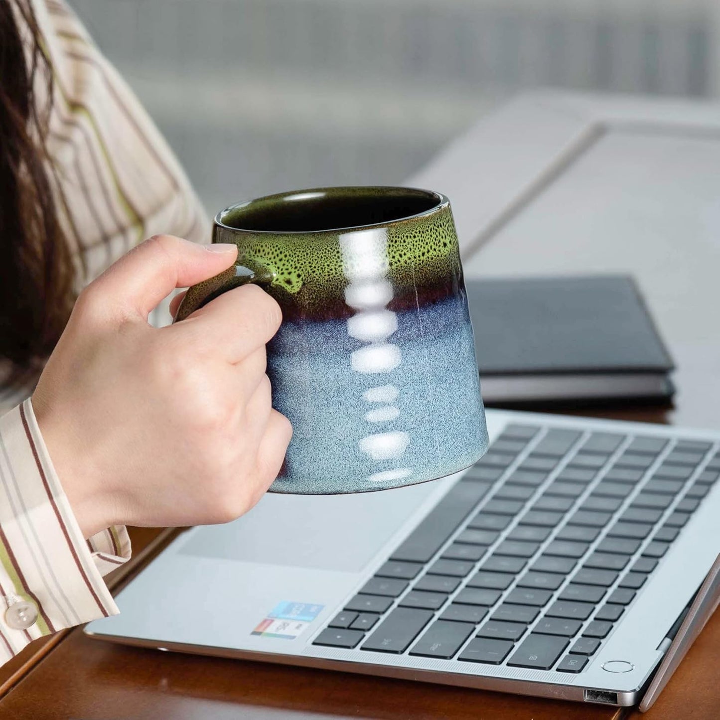 Large Ceramic Coffee Mugs, Handmade Pottery Mug, Tea Cups with Handle for Office and Home, 16 oz, Dishwasher and Microwave Safe (Light Green)
