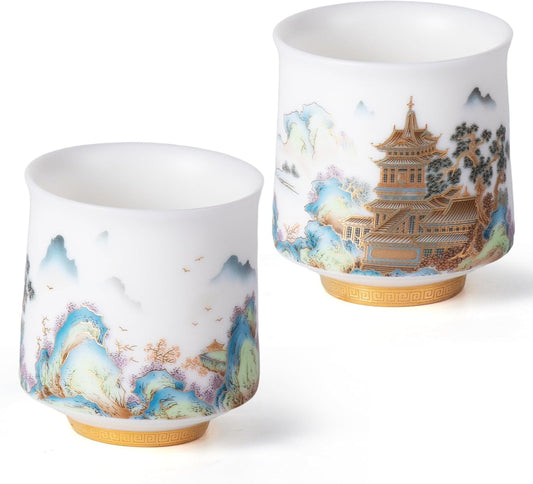 KAMMAK Ceramic Tea Cups Small, Cute Vintage Coffee Cup Set of 2, Porcelain Teacups Espresso Mug, 3.2oz Hand Painted Chinese Afternoon Tea Party Mugs, Birthday Gift for Women Men, Spring Wealth