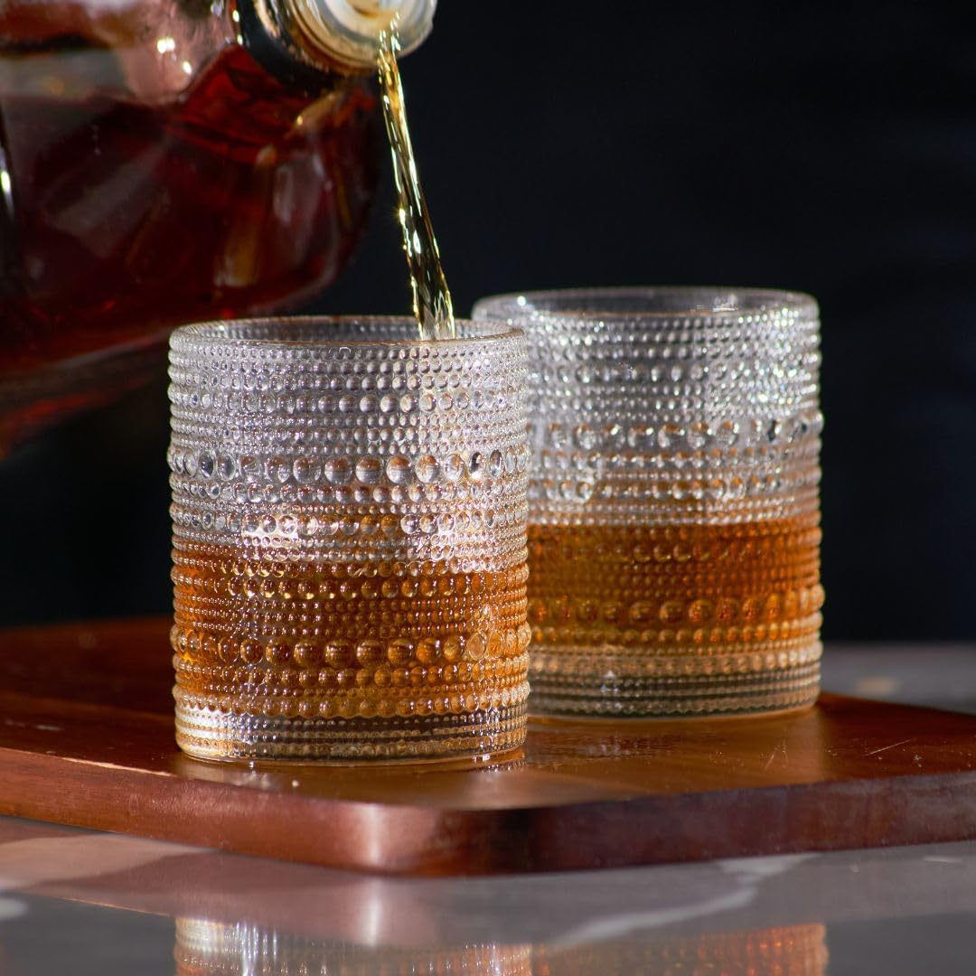 LEMONSODA Hobnail Drinking Glasses Set of 4 – Vintage Clear Lowball Glass Cups 10oz – Textured Barware Aesthetic Retro Glassware Tumblers for Water, Cocktails, Whiskey, Juice (Lowball 10oz, Set of 4)