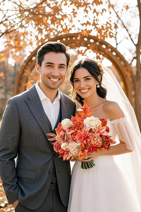 TINGE TIME Roses Artificial Flowers Orange Faux Flowers Bulk for DIY Bridal Wedding Bouquets Baby Shower Fall Centerpiece Table Home Decorations