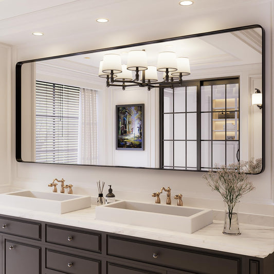 ISKM Black Framed Mirror for Wall 84"x 32", Large Bathroom Mirror Anti-Rust, Tempered Glass, Rounded Rectangle Mirror(Horizontal/Vertical)