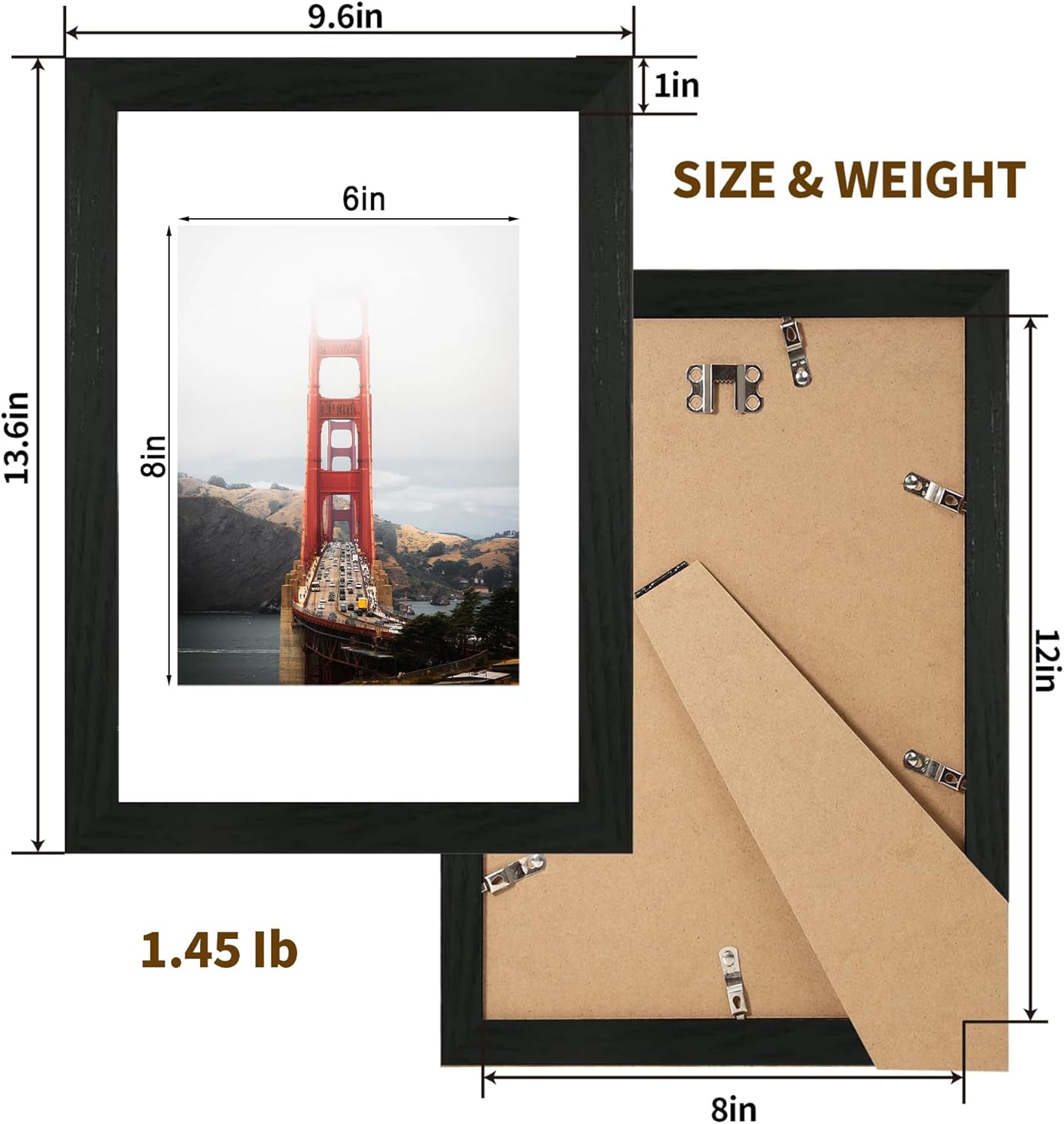 iRahmen 8x12 Picture Frame Set of 2, Black Wood Photo Frame with High Definition Glass, Display Pictures 6x8 with Mat or 8 x 12 without Mat for Tabletop and Wall Mounting