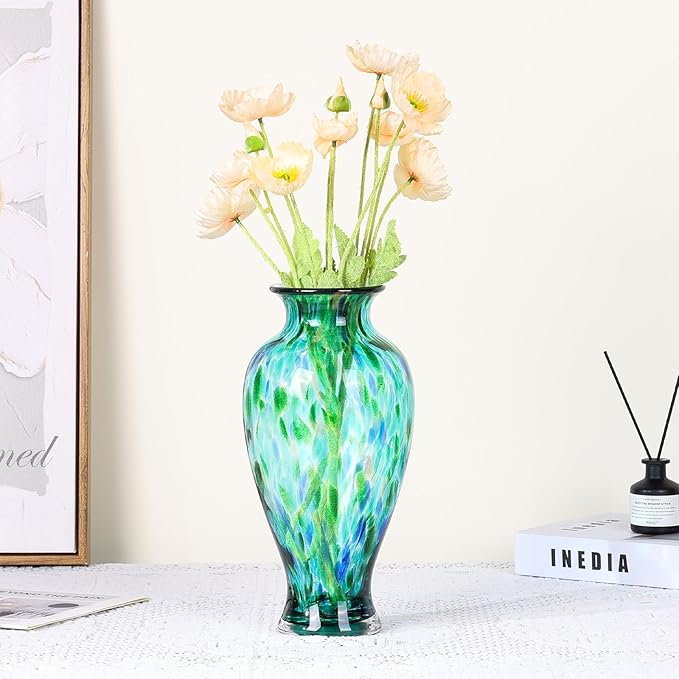 11.8" Tall Blown Teal Glass Vase, Green Opaque Glass Vase, Unique Design Turquoise Wide Mouth Art Decoration for Home, Living Room, Dining Table, Pampas Grass Decor (Greener)
