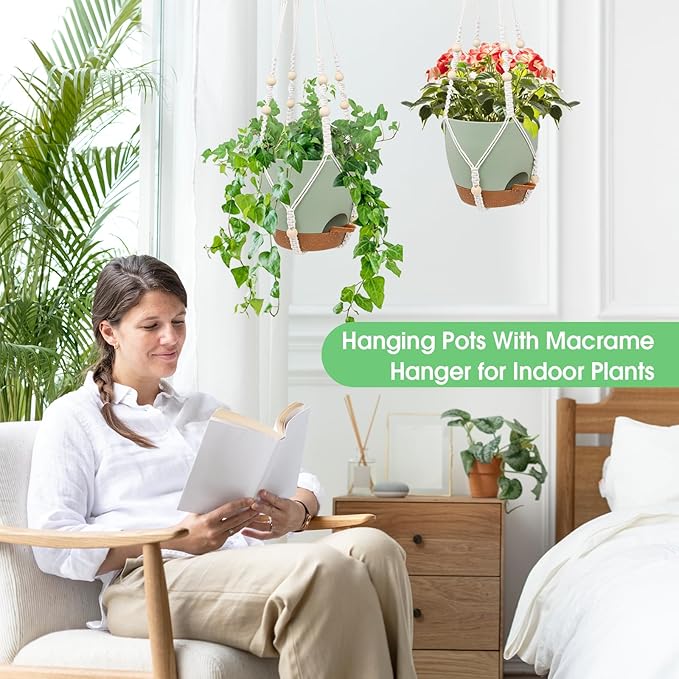 Hanging Planters for Indoor Outdoor Plants, 2 Pack Self Watering Hanging Pot with Drainage Holes, Removable Tray & 2 Kinds of Plant Hangers, 8'' Hanging Flower Pots for Home Garden Decor, Green