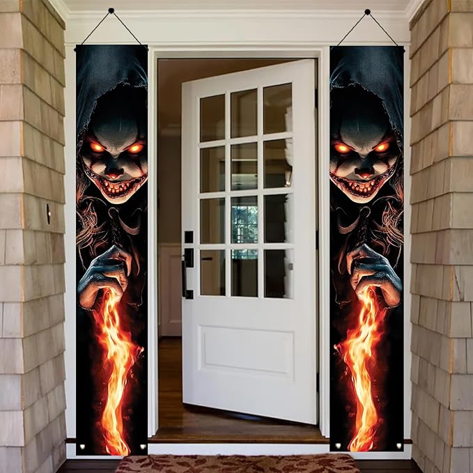 2PCS Halloween Porch Banner Scary Evil Clown Vertical Hanging Decorations for Front Door Outdoor Haunted House Door Sign Spooky Party Wall Decor Trick or Treat Entrance Backdrop 71 x 12 Inch