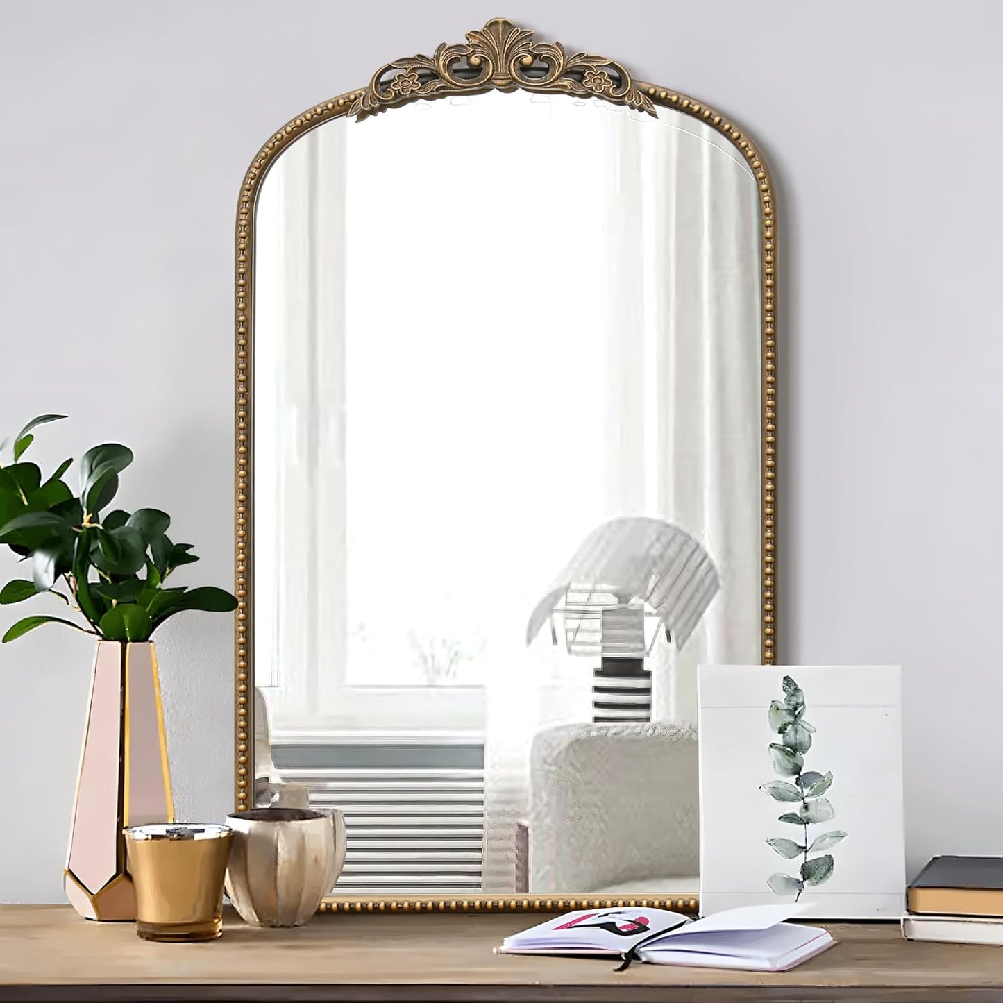 Micasso Vintage Wall Gold Mirror: 31"x 19" French Baroque Antique Mirror - Traditional Ornate Decorative Arched Mirrors for Wall/Bathroom/Entryway/Fireplace/Hallway - Home Decor for Living Room