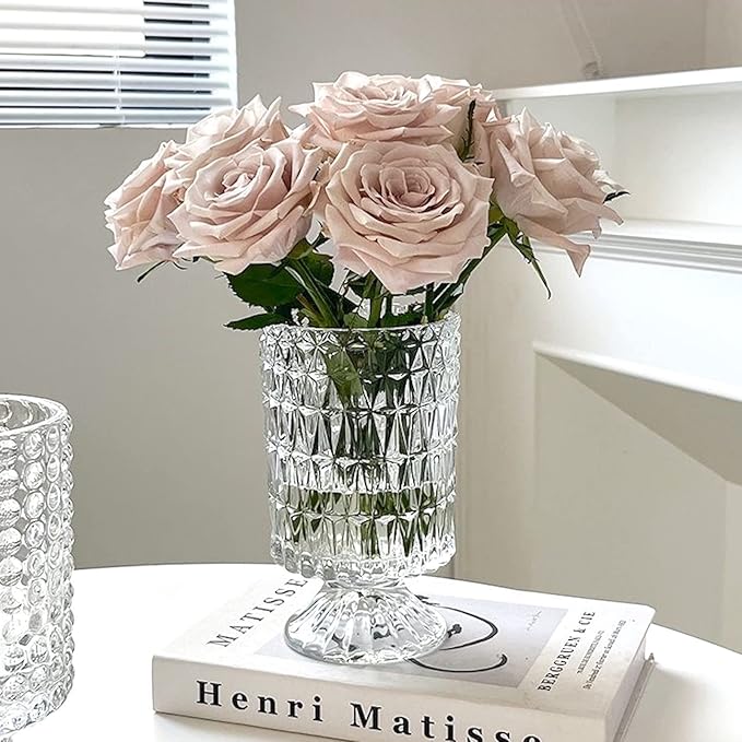 BLOFLO Embossed Glass Vase, 7'' Crystal Glass Vases, Pedestal Big Base Glass Bouquet Vase, Hydroponic Glass Transparent Vase for Home Office Wedding Dining Table Party (Long Rhombus Pattern)