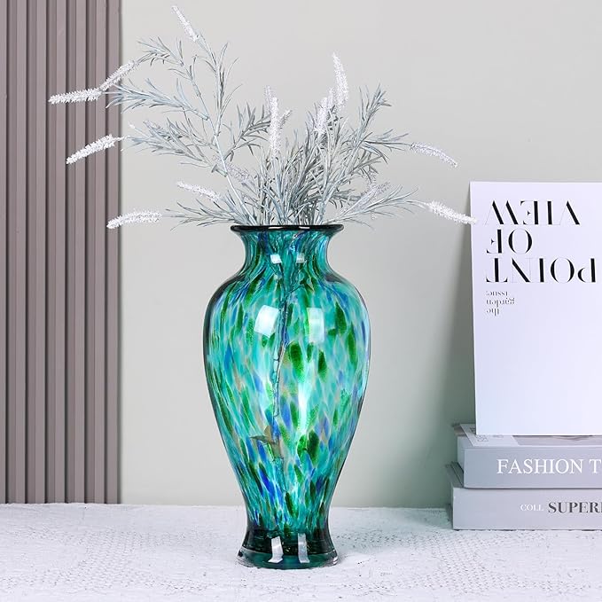 11.8" Tall Blown Teal Glass Vase, Green Opaque Glass Vase, Unique Design Turquoise Wide Mouth Art Decoration for Home, Living Room, Dining Table, Pampas Grass Decor (Greener)
