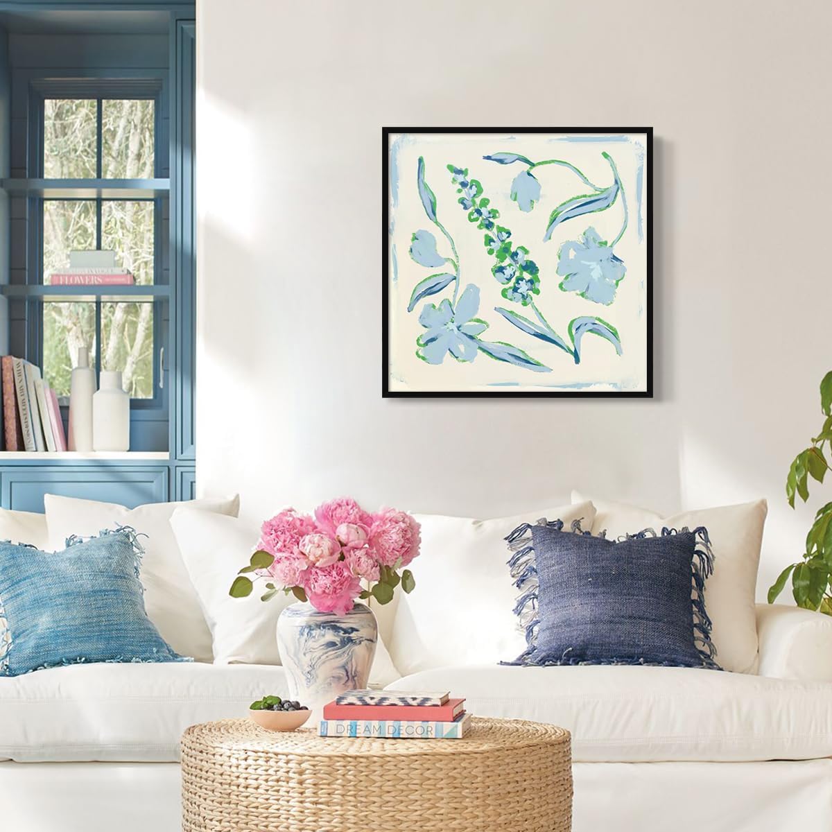 Flower Canvas Wall Art, Blue and Green Floral Aesthetic Poster, Chinoiserie Watercolor Botanical Print, Coastal Grandma Modern Southern Grandmillennial Plant Painting for Wall 16x16in Unframed