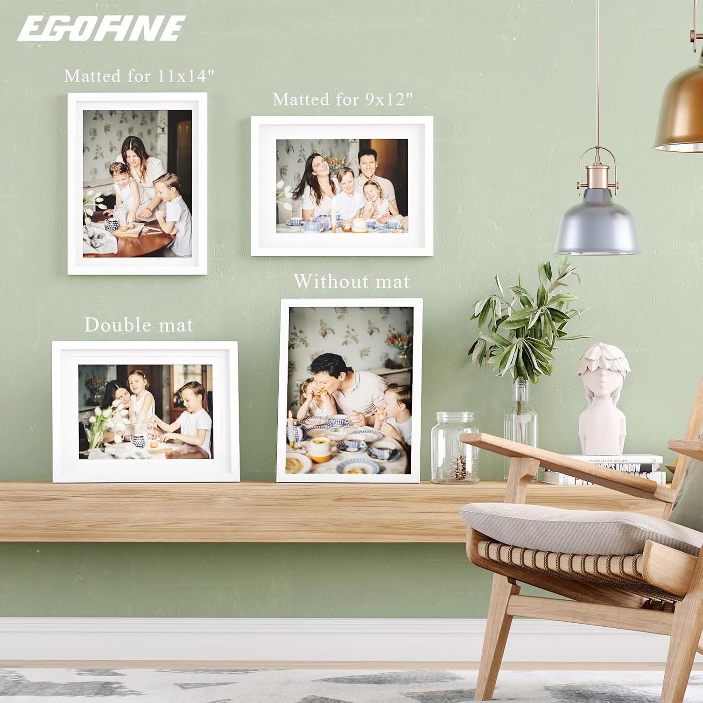 Egofine 12x16 Picture Frames Set of 4, Made of Solid Wood Covered by Plexiglass 9x12 and 11x14 with Mat or 12x16 without Mat, for Wall Mounting Photo Frame White