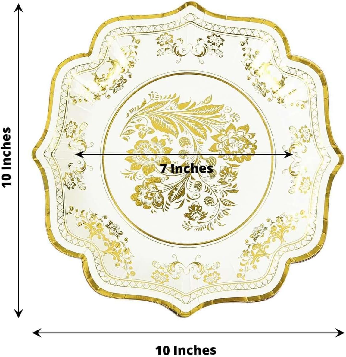 Efavormart 25 Pack White Gold Paper Dinner Plates in French Toile Floral Pattern, 10" Disposable Party Plates with Scalloped Rims - 300 GSM