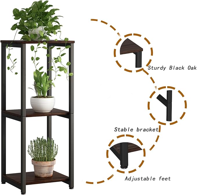 Plant Stand Indoor Corner Tall 3 Tier Metal Modern Flower Storage Plant Shelf Holder for Living Room Balcony Garden,Black Oak (3 Tier-Black Oak)