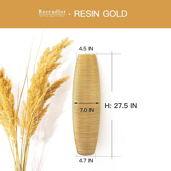 Tall Floor Vase, 27.5 inches (70cm, 2.3FT) Tall Vases Sturdy, Luxury, Textured for Decorative Branches Dried Flowers, Floor Vase for Rustic Living Room, Shelf Decor, Resin Gold