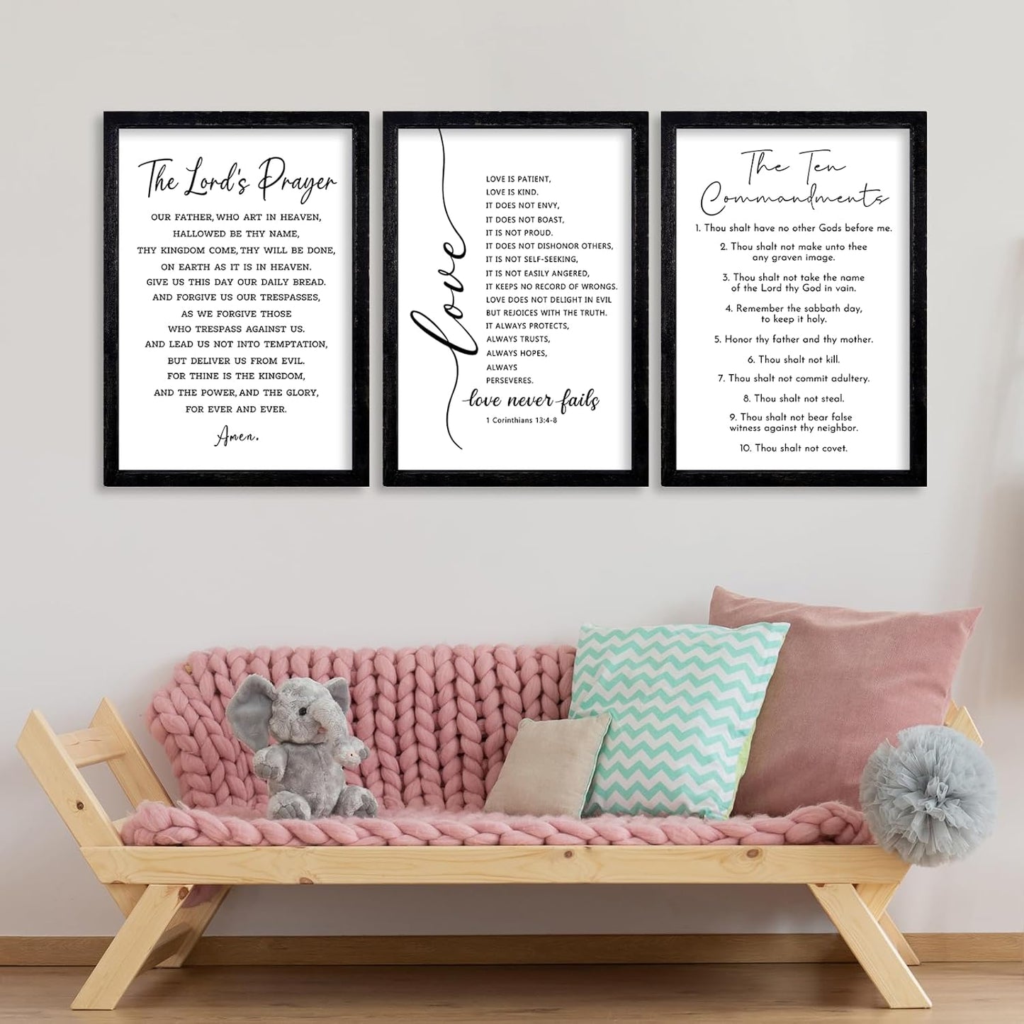 comurdyo Christian Bible Verse Wall Art 16"×11" Set of 3 Positive Religious Minimalist Quotes Sign for Rustic God Jesus Christ Prayer Inspirational Catholic Scripture Decor Wood Framed Hanging (Black)
