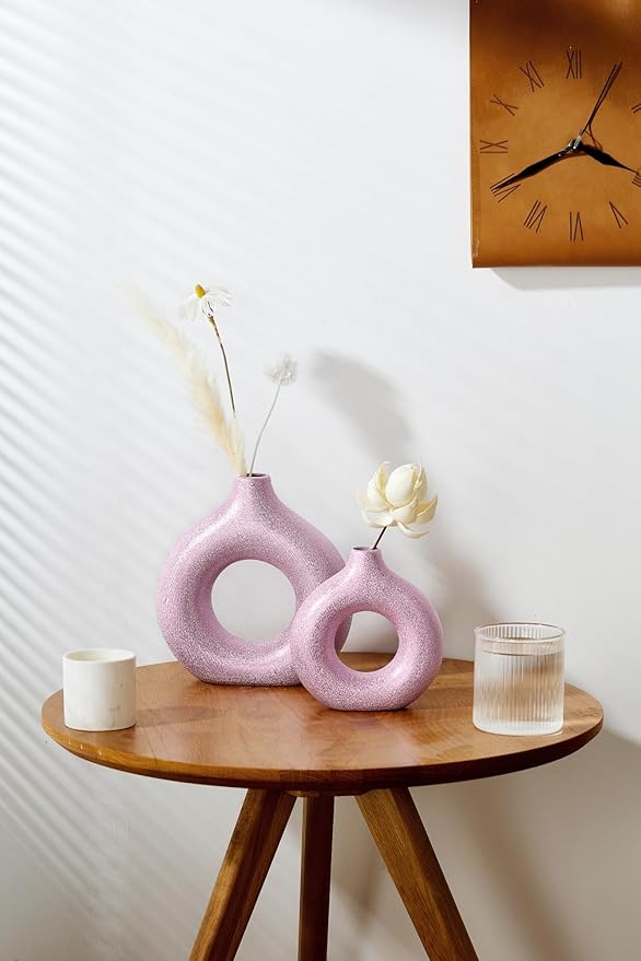 Set of 2 Donut Hollow Ceramic Vase Handmade Minimalist Boho ins Style, Modern Vase for Home Decor for Wedding Dinner Table Party Living Room Office Bedroom (Purple-Gold, Large + Small)