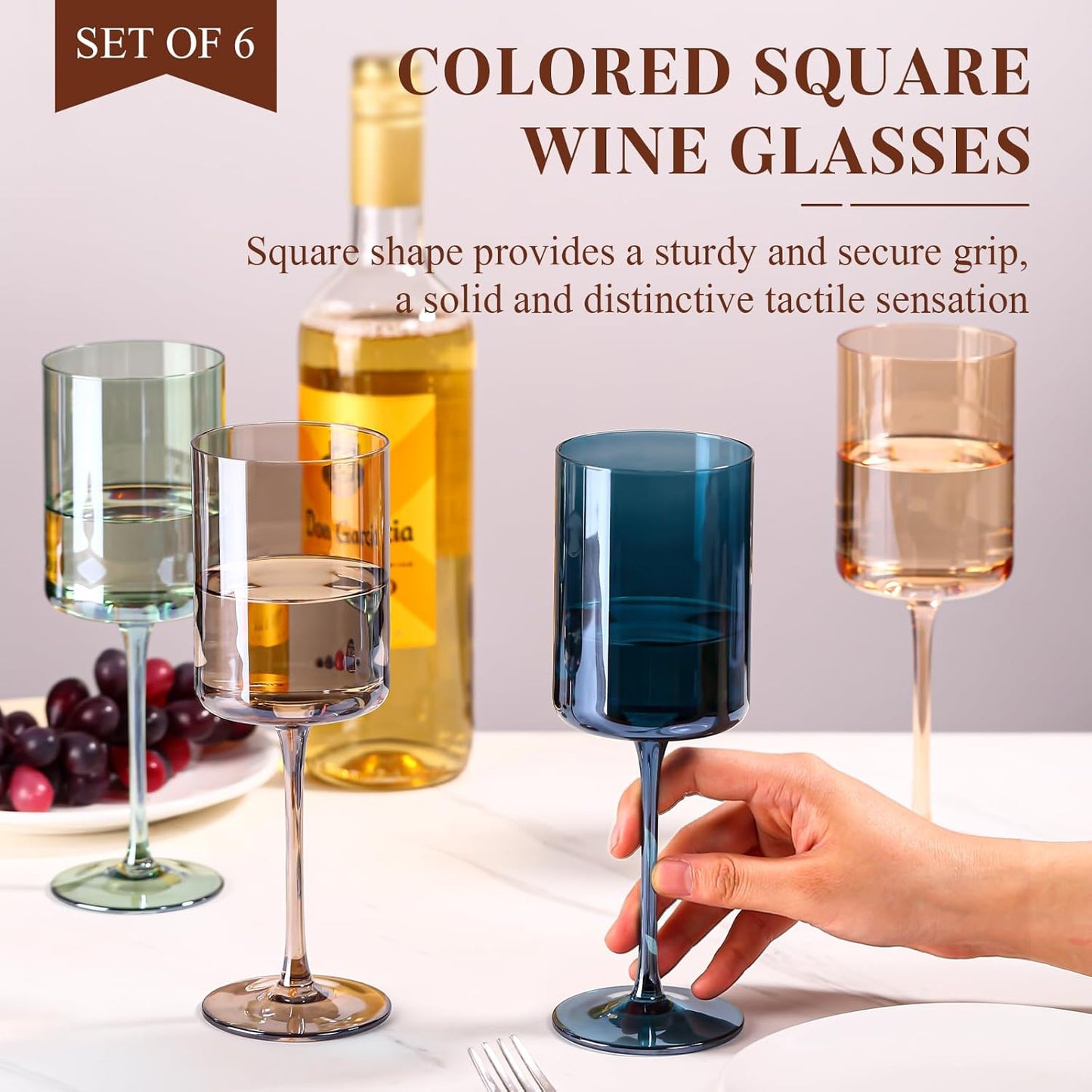 Colored Square Wine Glasses Set of 6, 14oz【Hand Blown】 Colorful Crystal Wine Glasses with Stem - Unique Muticolor Glasses Gifts for Birthday Women Party