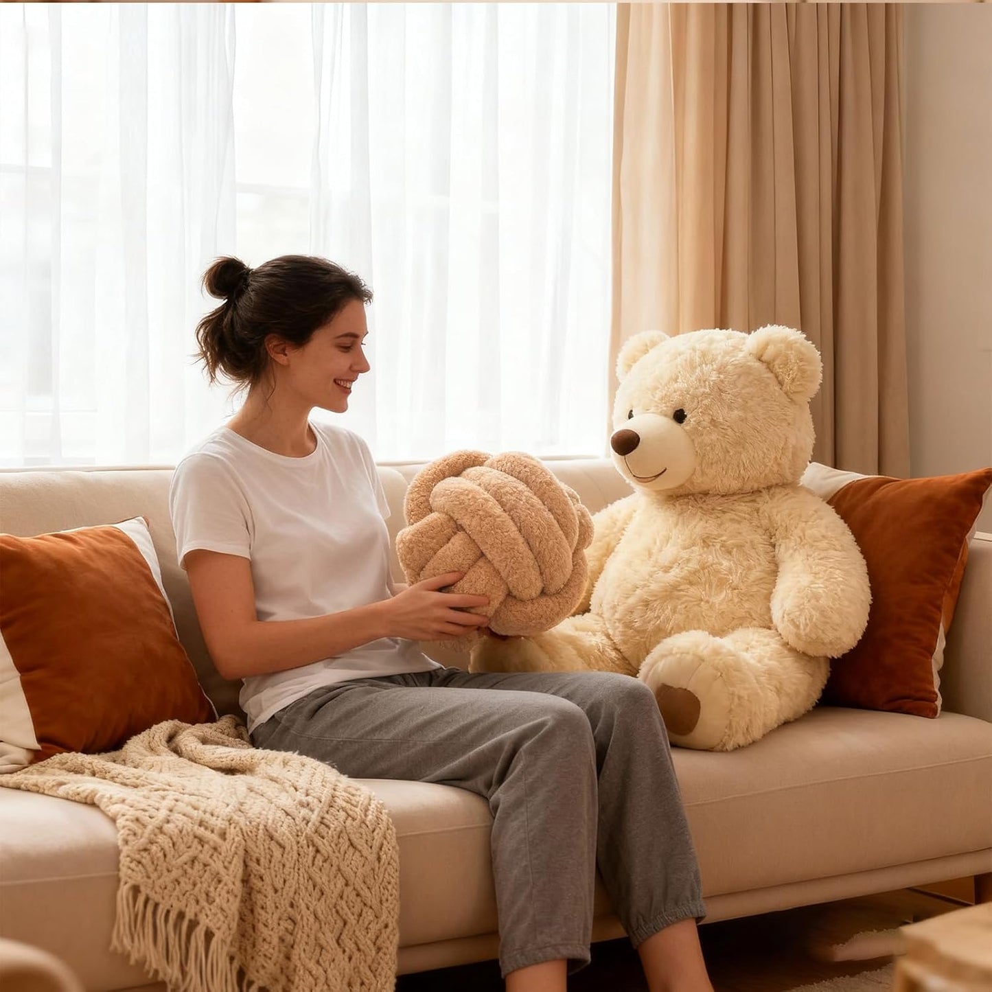 Knot Pillow Ball Plush - Decorative Throw Pillows for Bed Relieve Stress, Round Knot Cushion for Sofa Decor Pet Toy, Khaki 8 inch