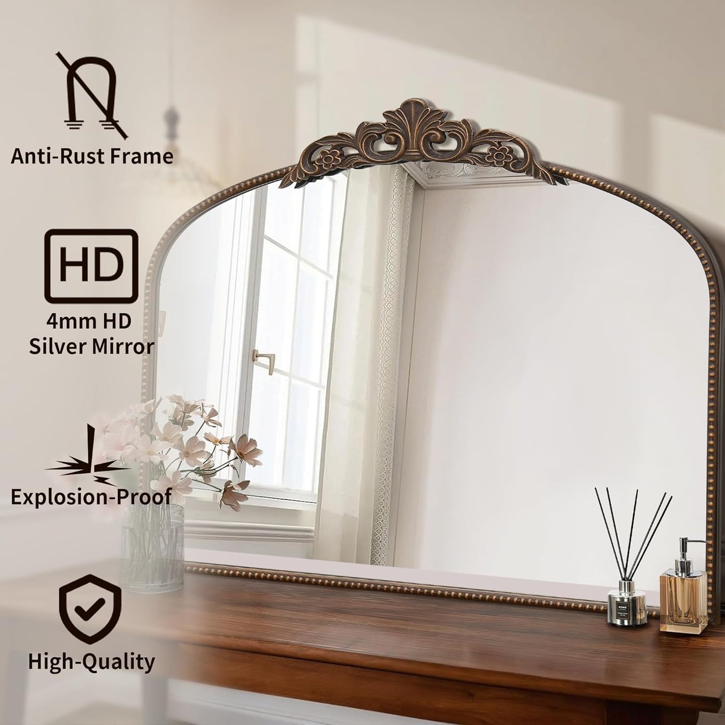 Micasso Large Bronze Vintage Mirror: 40"x 30" French Baroque Antique Mirror - Traditional Ornate Decorative Wall Mounted Arched Mirrors for Wall/Mantel/Entryway/Hallway - Home Decor for Living Room