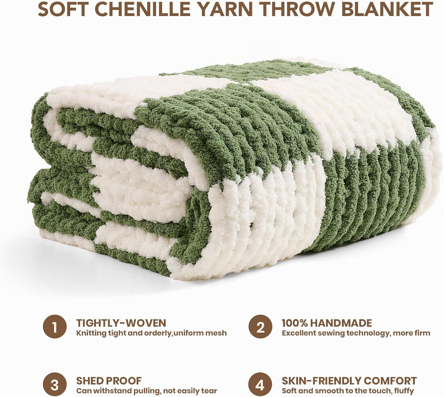 L'AGRATY Chunky Knit Blanket Throw: 60''x80'' Chenille Chunky Knitted Throw Blankets for Twin Bed Couch - Handmade Thick Cable Knit Blanket - Large Crochet Blankets for Home Decor(Green Checkered)