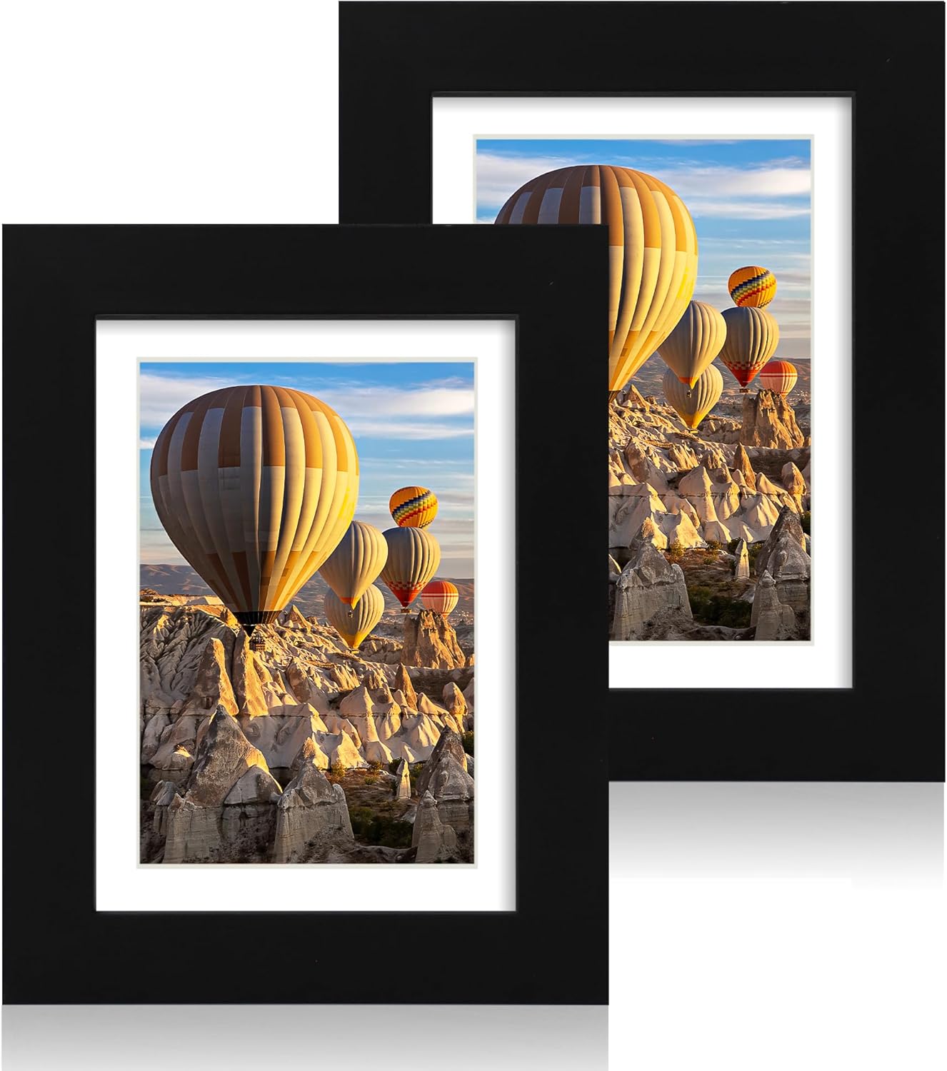 iRahmen 5x7 Picture Frame Set of 2 with HD Glass, Black Wood Photo Frames Display 4x6 Picture with Mat or 5 x 7 Without Mat for Horizontal or Vertical Tabletop and Wall Mounting