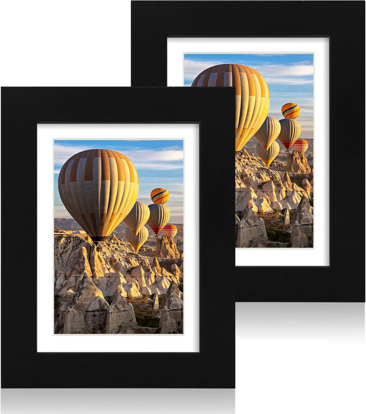 iRahmen 5x7 Picture Frame Set of 2 with HD Glass, Black Wood Photo Frames Display 4x6 Picture with Mat or 5 x 7 Without Mat for Horizontal or Vertical Tabletop and Wall Mounting