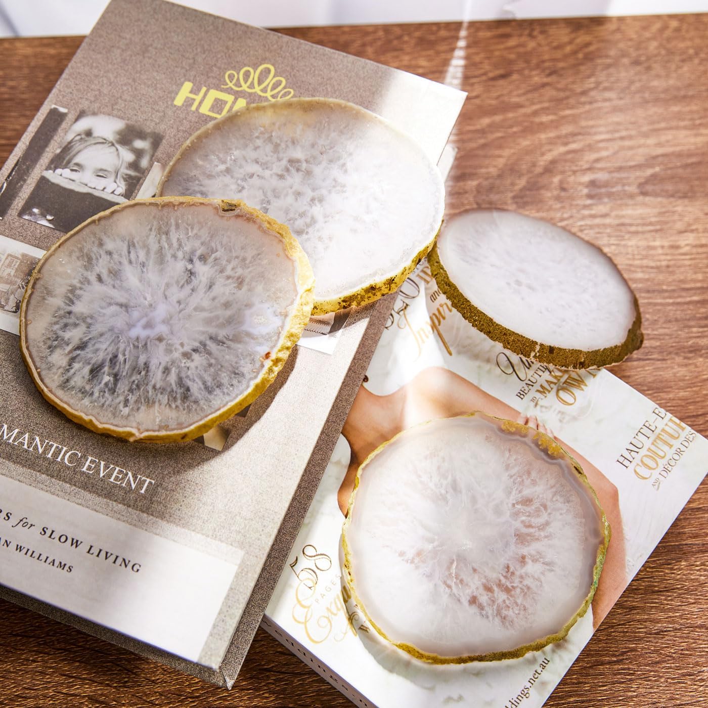Luxury Lane Set of 4 Large Natural Brazilian Agate Slice Geode Rock Stone Drink Coasters with Wood Holder 4.3-4.7 inch Centerpiece Table Decoration, White