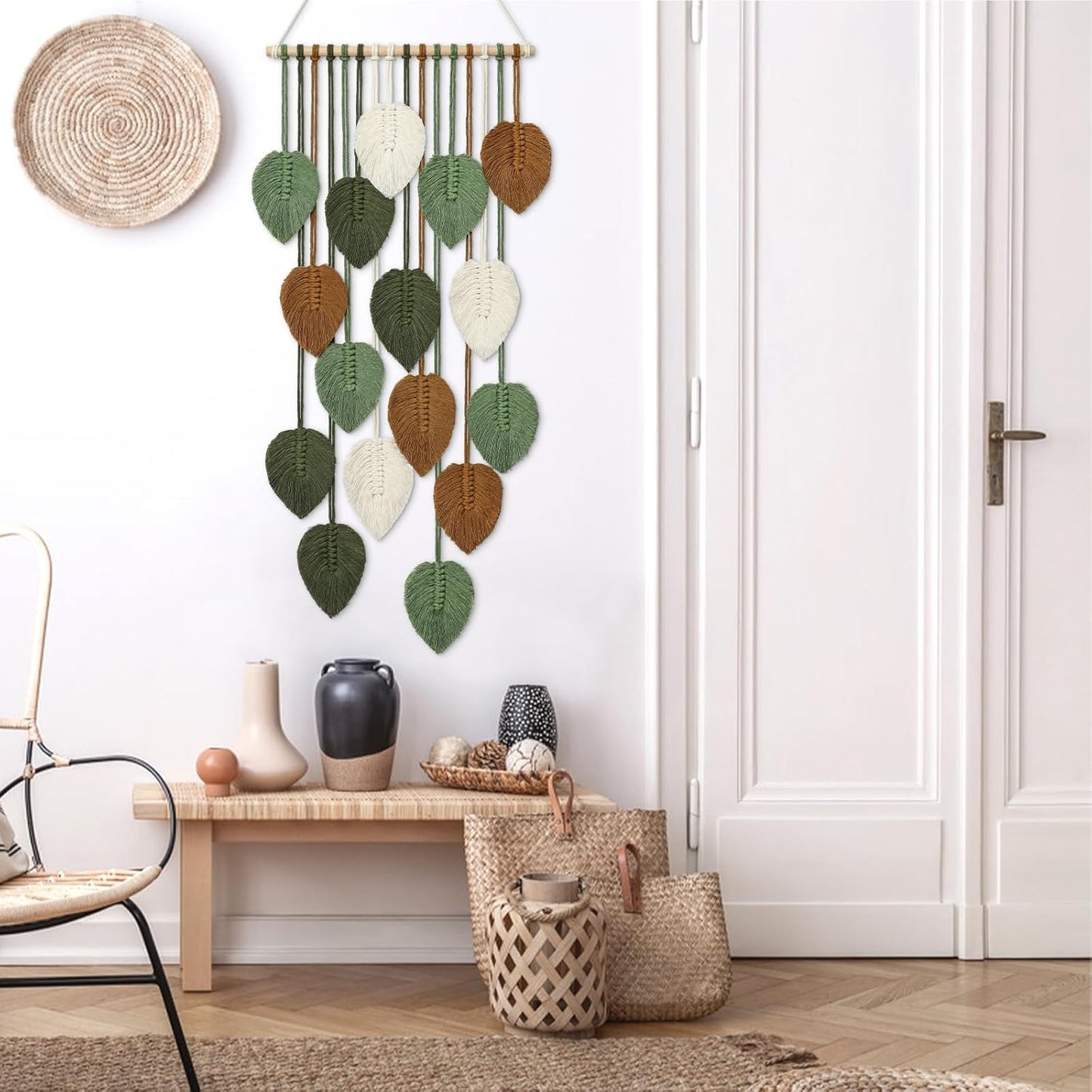 KHOYIME Vertical Macrame Wall Hanging Boho Home Decor, Long Narrow Chic Wall Art Bohemian Woven Leaves Tapestry Vintage Decorations for Front Door Indoor Entrance Living Room Bedroom 16.5"W x 37.5"L