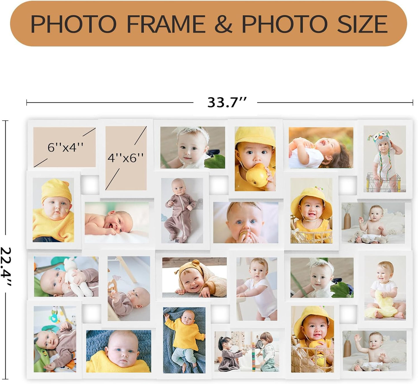 HELLO LAURA 4x6 Picture Frame Collage Wall Decor 24 Opening Photos Collage Frame for Wall Picture Frame 6" x 4" Photo Sockets x 24 - White