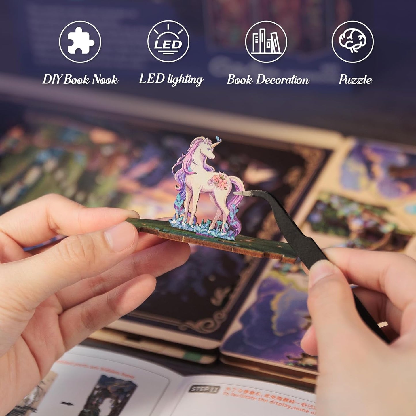 Cutefun Book Nook Kit, DIY Miniature Dollhouse Kit for Adults and Teens, 3D Wooden Puzzle Bookends, Bookshelf Insert Decor w/LED Light Dust Cover, Christmas Birthday Gifts (Forest Unicorn)