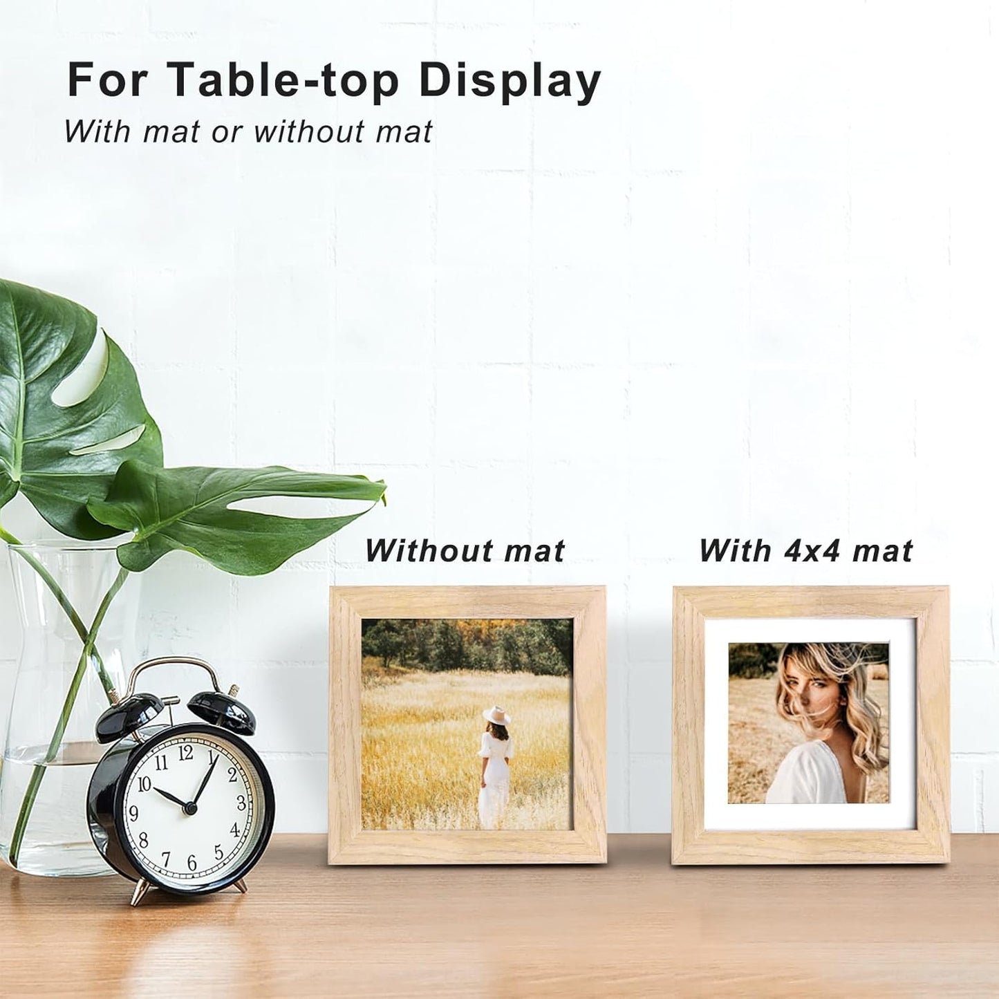 KINLINK 5x5 Picture Frame, Natural Square Solid Wood Frames for Pictures 4x4 with Mat or 5x5 without Mat, Wall and Tabletop Display Photo Frames Natural Wood 4 Pack