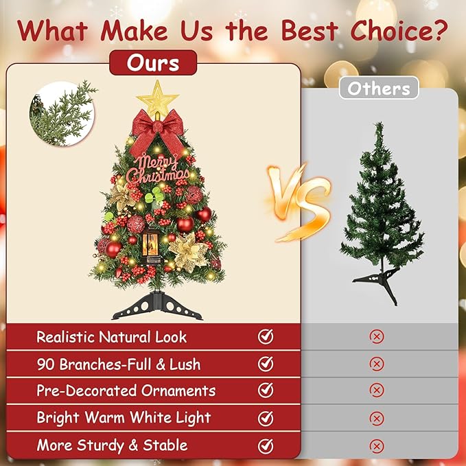 Uspring 2Ft Small Christmas Tree with Lights, Artificial Table Top Christmas Tree with Pre-Decorated Ornaments LED Lights, Mini Xmas Trees with Hanging Snow Globe Lanterns for Indoor Holiday Decor