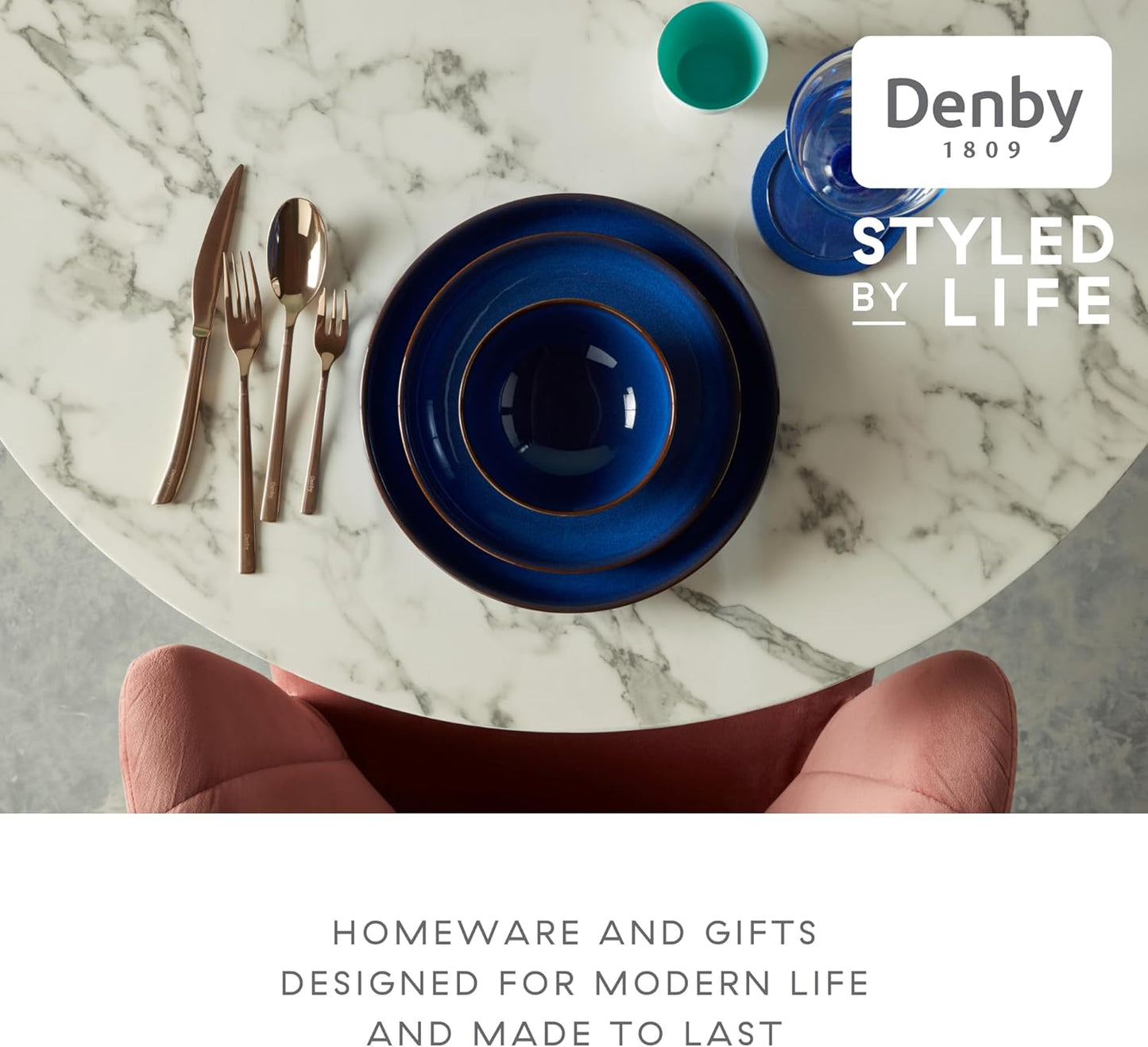 Denby - Imperial Blue Coupe Dinner Plates Set of 6 - Dishwasher Microwave Oven Safe - Scratch Chip Resistant - Large Ceramic Stoneware Dinnerware Plates Set