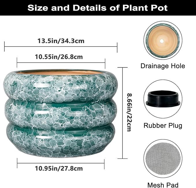 SQOWL Ceramic Planter for Indoor Plants 13.5 Inch - Large Plant Pot with Drainage Hole Outdoor Flower Pot Round Planter Decorative Plant Pot for Garden Bathroom Decor Green