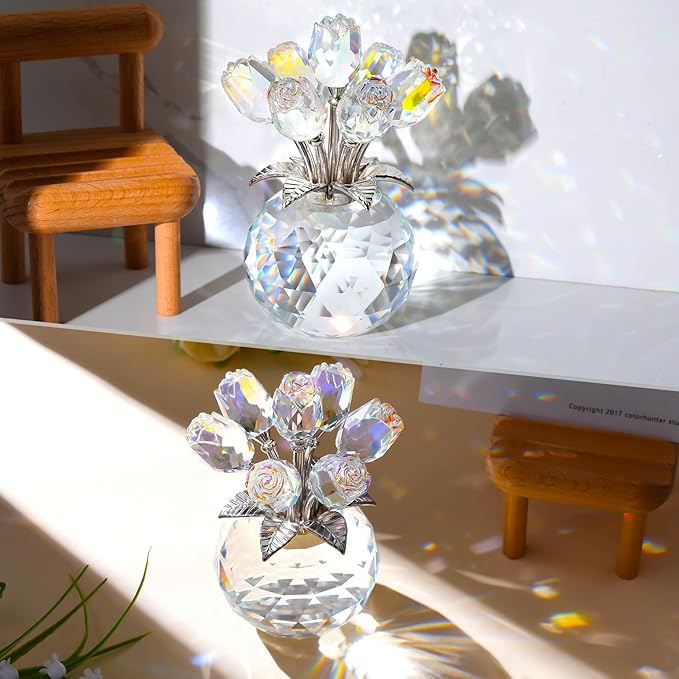 Ornalrist Crystal AB-Color Rose Bouquet Flower with Vase Figurine Decor, Roses Floral Collectible Romantic Gifts for Her, Wife, Mom on Valentine's Christmas Anniversary Mother's Day