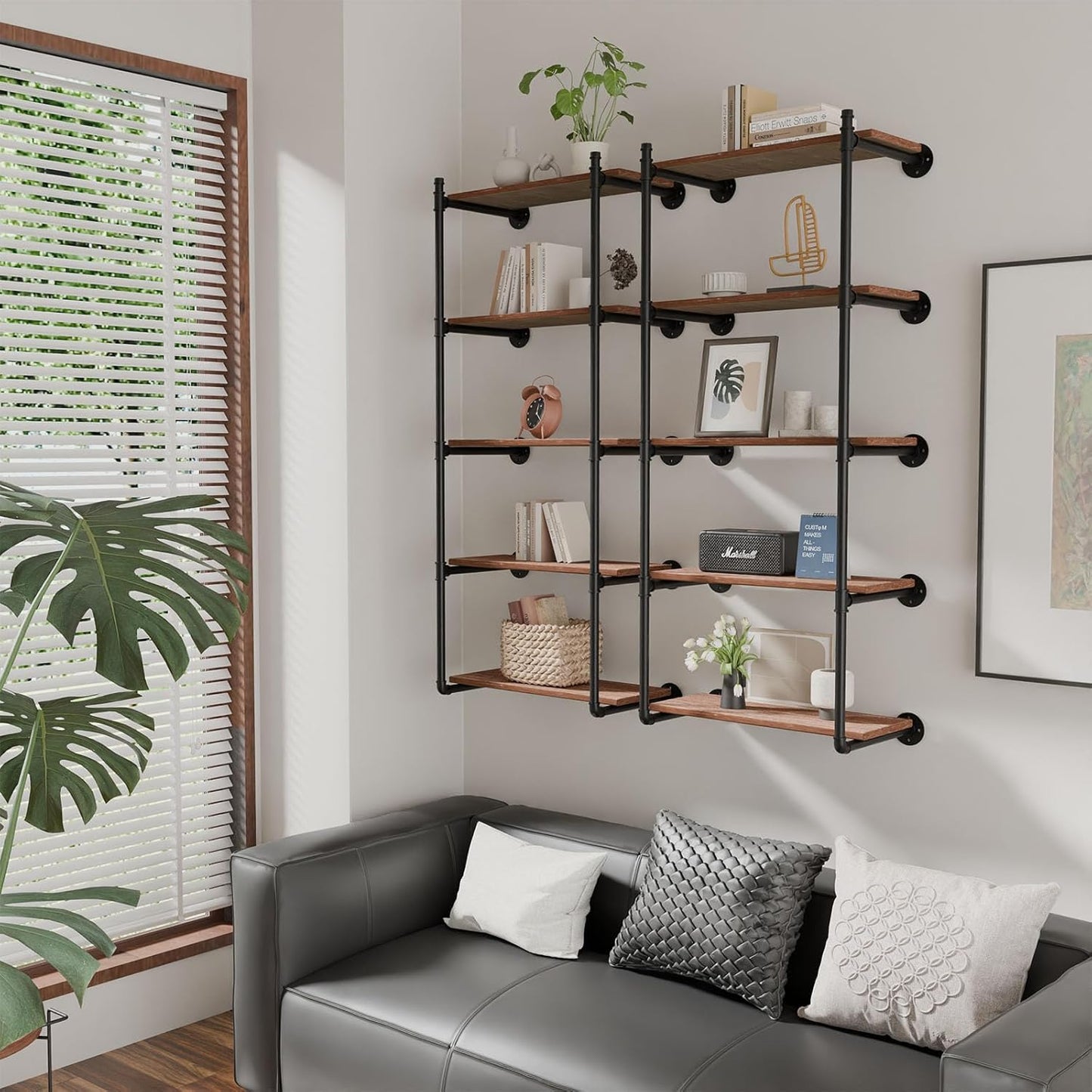 Industrial Pipe Shelf Brackets Wall Mount,Open Black Pipe Shelving for Kitchen,Floating Shelf Brackets Mount,Open Bookshelf Brackets for Shelves,Wall Shelves 12 Inch Deep(2PcsX5Tier,61" Tall)