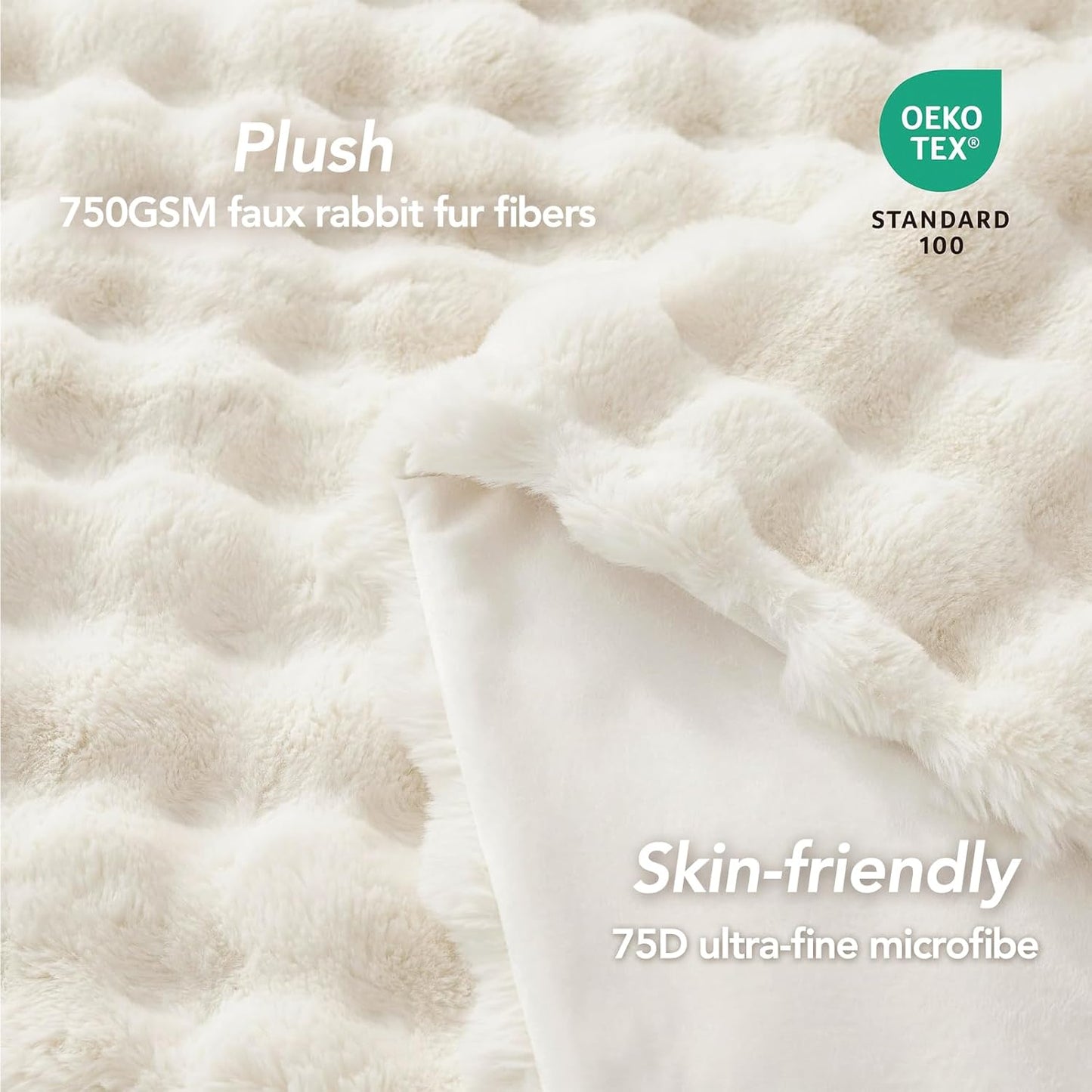 L'AGRATY Faux Fur Throw Blanket: 60" x 80" Luxury Soft Fluffy Thick Rabbit Fur Blankets for Twin Bed Couch - Cozy Plush Bubble Blankets for Winter: Warm Flannel Fleece Decorative Blanket(Cream White)