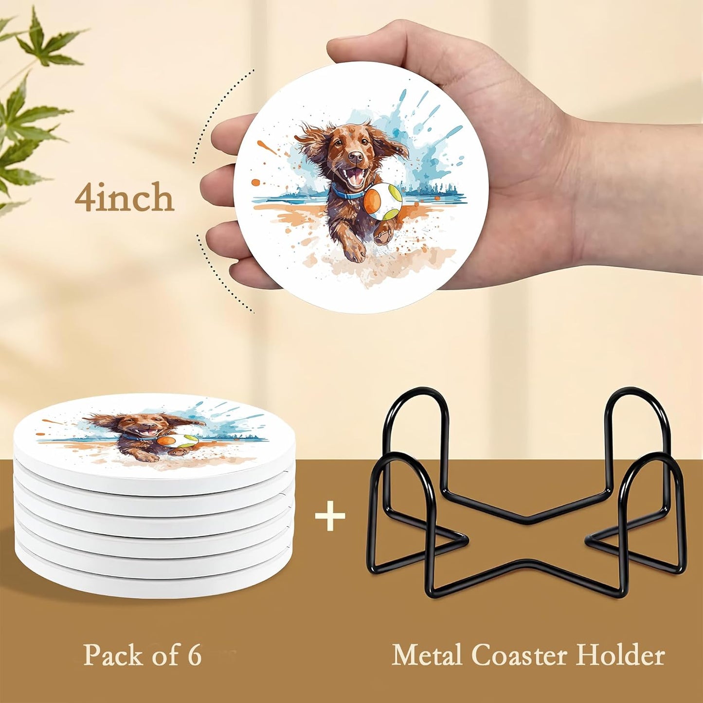 Drink Coasters with Holder,6 Pcs Dog Beach Absorbent Ceramic Drink Pads, Non-Slip Table Protectors for Coffee & Glasses