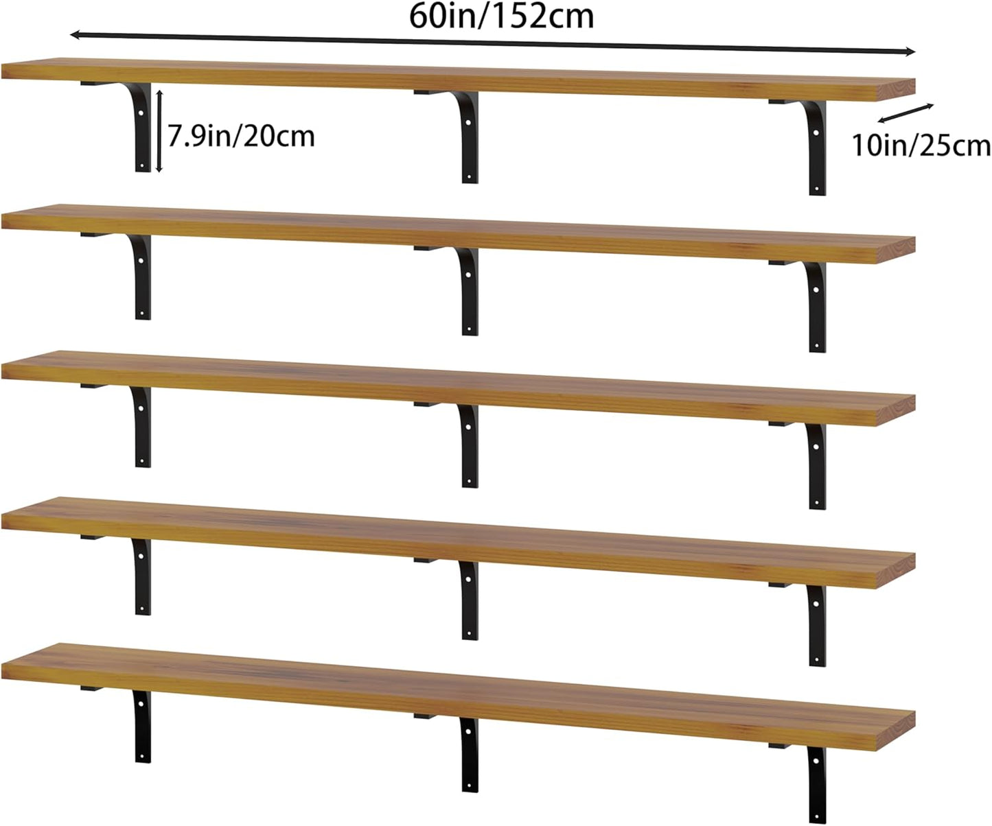 Long Floating Shelf for Wall 60 inch,Long Shelves Set of 5,Large Wall Mounted Bookshelf,Rustic Bookcase for Living Room Kitchen(Orange Brown, 60 Inch)