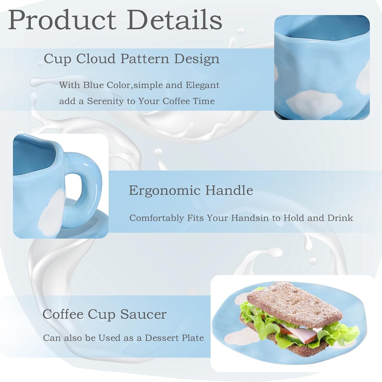 Coffee Mugs Set with Saucer Cute Cloud In The Sky Cup Gifts for Women for Birthday Tea Coffee Mug 250 ML Ceramic Cup Birthday Gift for Women Girls Mom Friend Coffee Mug Tea Cup Saucer Set