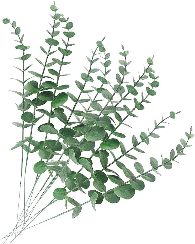 Tinsow 10 PCS Real Touch Leaf Artificial Eucalyptus Stem Faux Eucalyptuses Wedding Bouquet Centerpiece Home Decor (Green, 10)