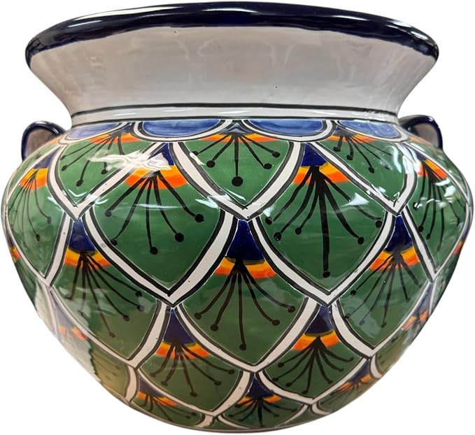Talavera Michoacana Planter XL Pot Folk Art Multicolor Mexican Pottery Home Decor Hand Painted Garden Indoor Handmade Outdoor 18.5" (Green Multicolor)