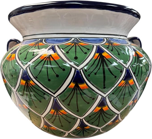 Talavera Michoacana Planter XL Pot Folk Art Multicolor Mexican Pottery Home Decor Hand Painted Garden Indoor Handmade Outdoor 18.5" (Green Multicolor)