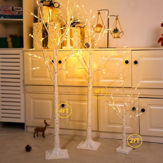 4-Pack 4FT Lighted Birch Tree (Higher Size & Floor Standing), Birch Christmas Tree for Indoor & Outdoor, Warm White 96 LED Birch Tree Lights for Outdoor Christmas Decorations Indoor Home Thanksgiving