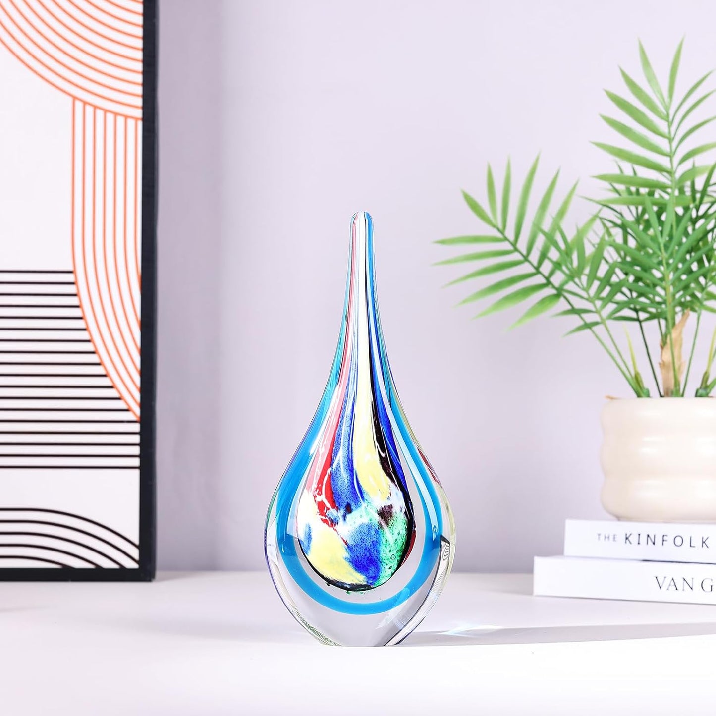 DOVDOV Blown Glass Sculpture, Stained Glass Art Teardrop Statue, Unique Ocean Theme Decoration for Office, Bookshelf, Dresser, Living Room Coffee Table, Fireplace countertop Decoration.