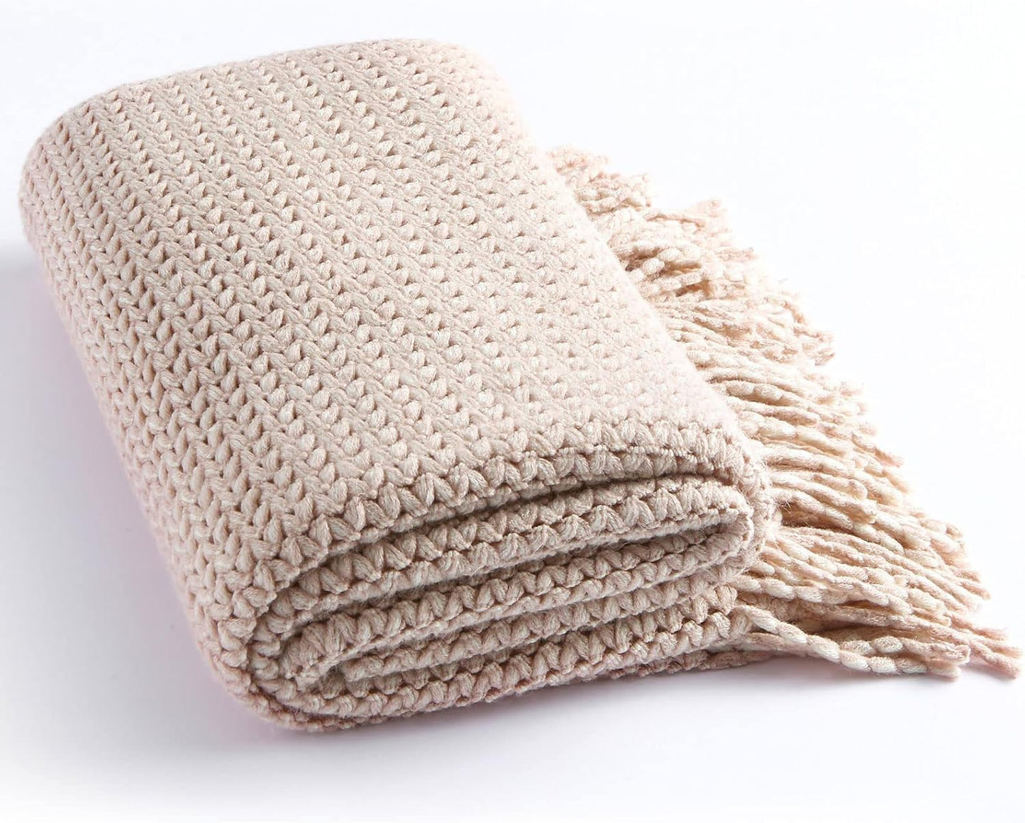 Blagic Knitted Throw Blanket for Couch,Soft Farmhouse Throw Blanket with Tassels,Home Decorative Lightweight Throw Blankets,Throws for Bed/Chair/Sofa,Wheat Textured (Light Pink & White,50" W x 60" L)