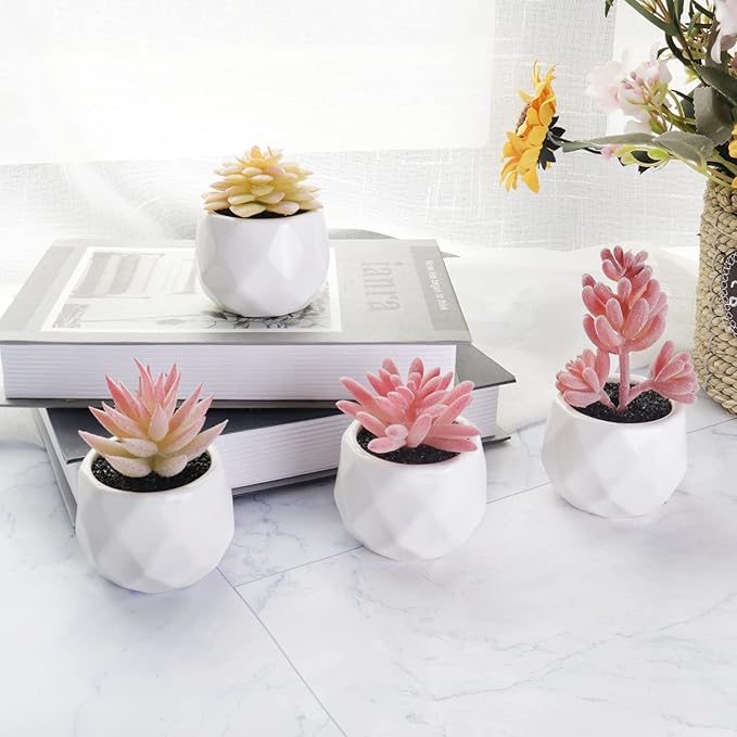 Tiita Artificial Faux Succulents in Pots, Pink Fake Plants Ceramic Arrangement Planter for Women Desk Small Mini Tiny Decoration for Home Office Desk Window 4 Set, Pink