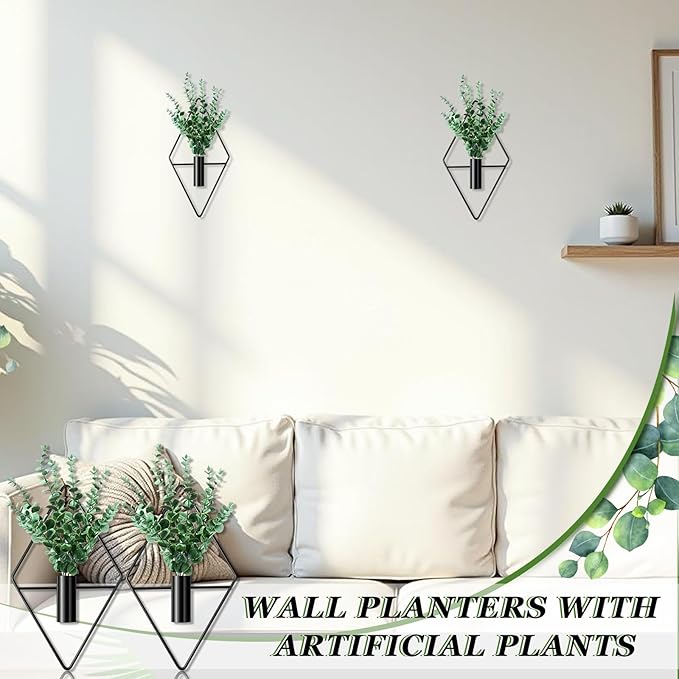 2 Pieces Wall Decor Hanging Planters with Artificial Plants Metal Hanging Vase Indoor Plants Holder Modern Boho Wall Art for Bathroom Bedroom Living Room Decor(Black,Eucalyptus)